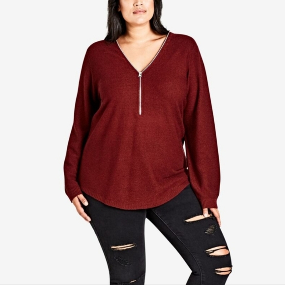 City Chic Women's Plus Size Maroon Half Zip Sweater‎ Cardigan Size 14 Zippered